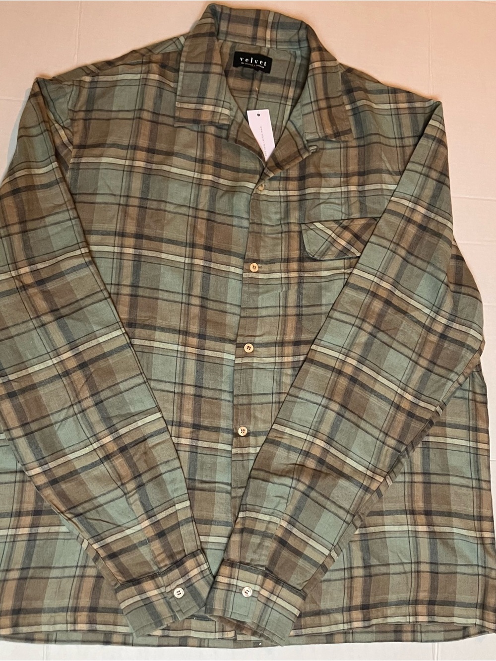 Velvet Plaid Button-Down Shirt in Green and Brown
